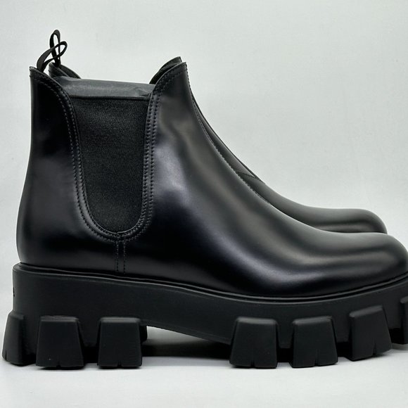 PRADA Monolith Brushed Leather Lug Sole Pull On Chelsea Ankle Boots Black - Picture 7 of 15